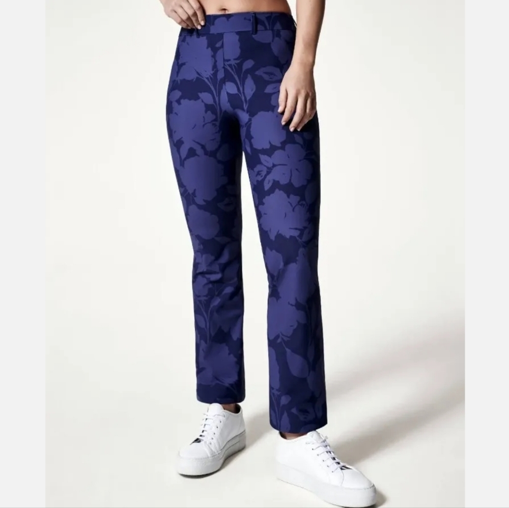 Spanx Women Size Medium Petite Kick Flare Sunshine Floret Navy Pants